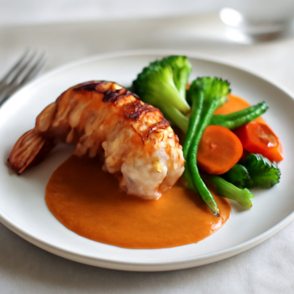 Aragosta alla Fiamma con Verdure Tricolori e Salsa Americana Light