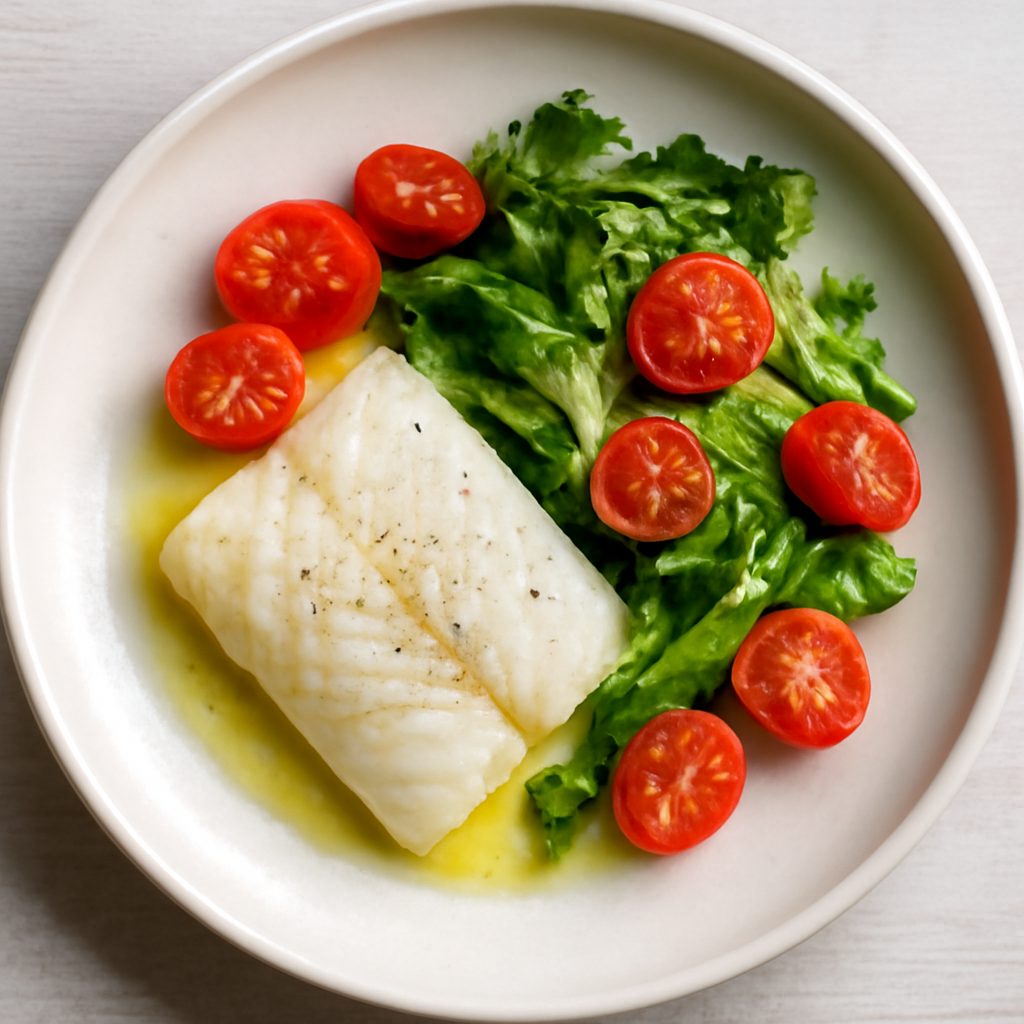 Baccalà all'olio con scarola e pomodorini proteico low-carb