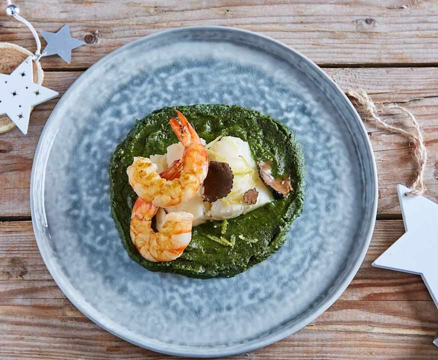 Baccalà e mazzancolle su crema di spinaci Low Fat