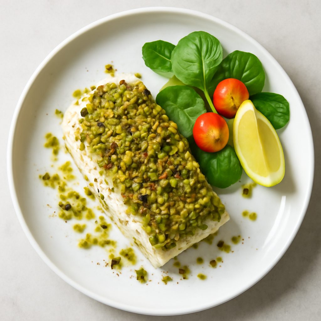 Baccalà in crosta di pistacchio , olio agli agrumi e finocchio Low Fat