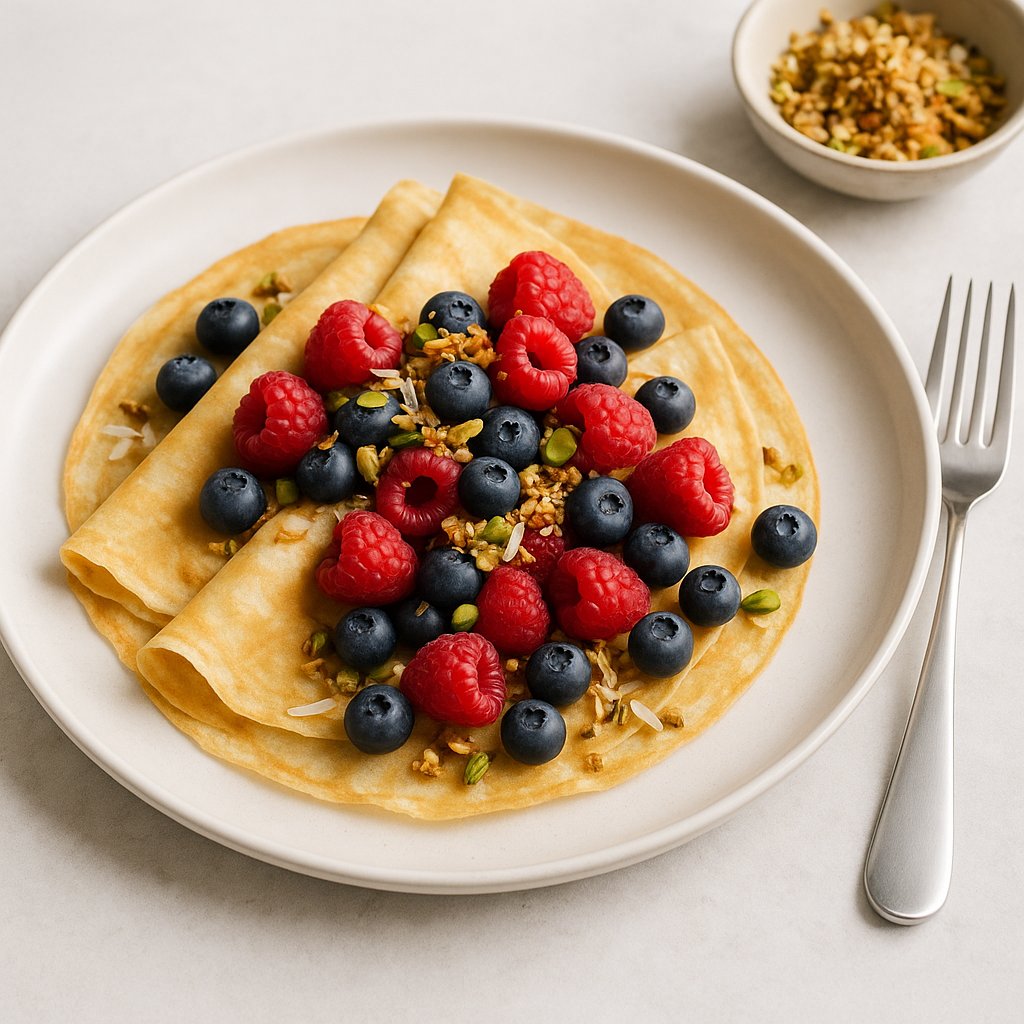 Berry Crepes with Coconut-Pistachio Crunch Low Carb