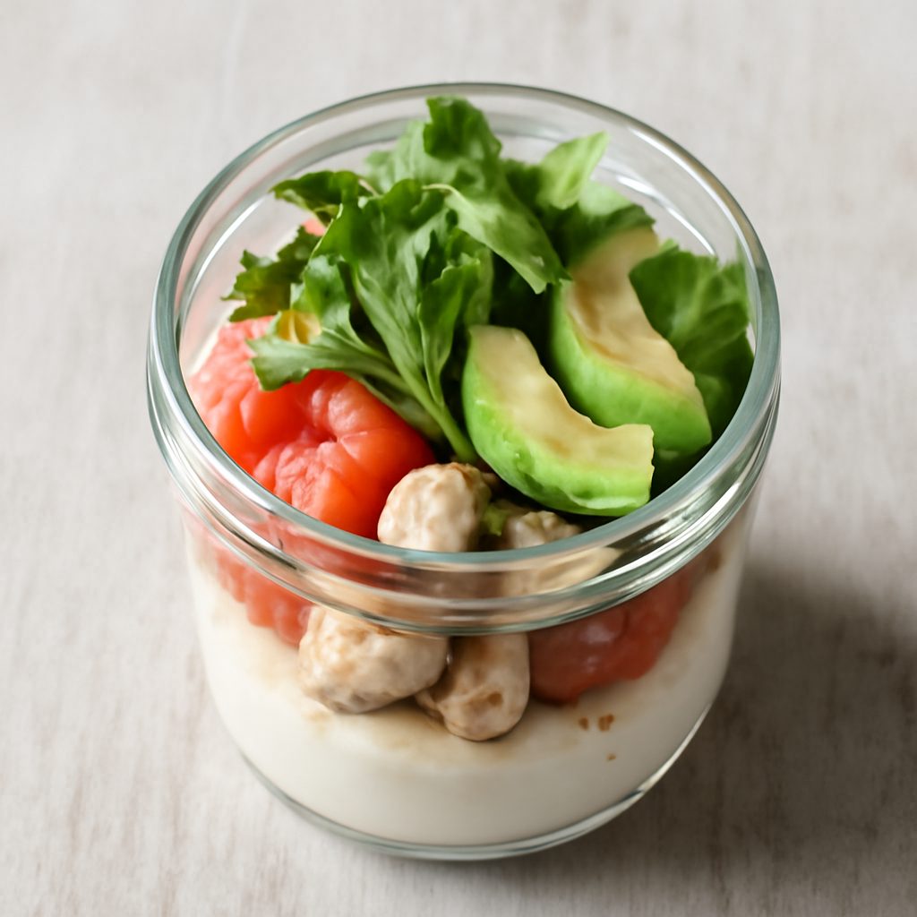 Bicchiere proteico con salmone, gamberetti e avocado low-carb