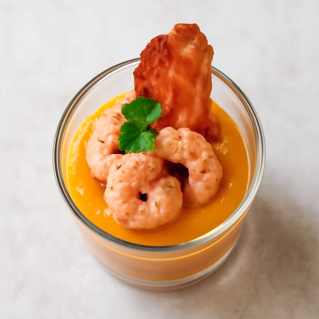 Bicchierino di zucca, gamberi e pancetta croccante - Versione Protein