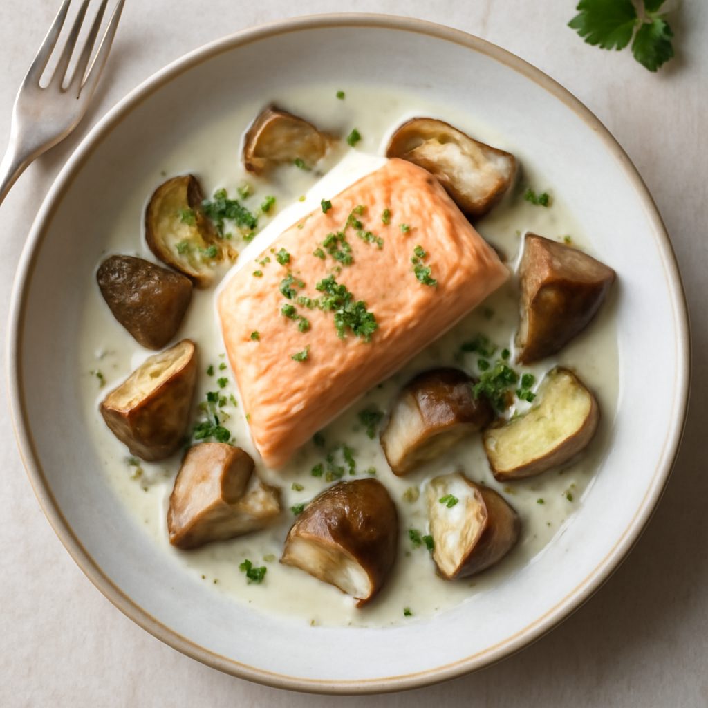 Blanquette di salmone e funghi porcini proteica low-carb