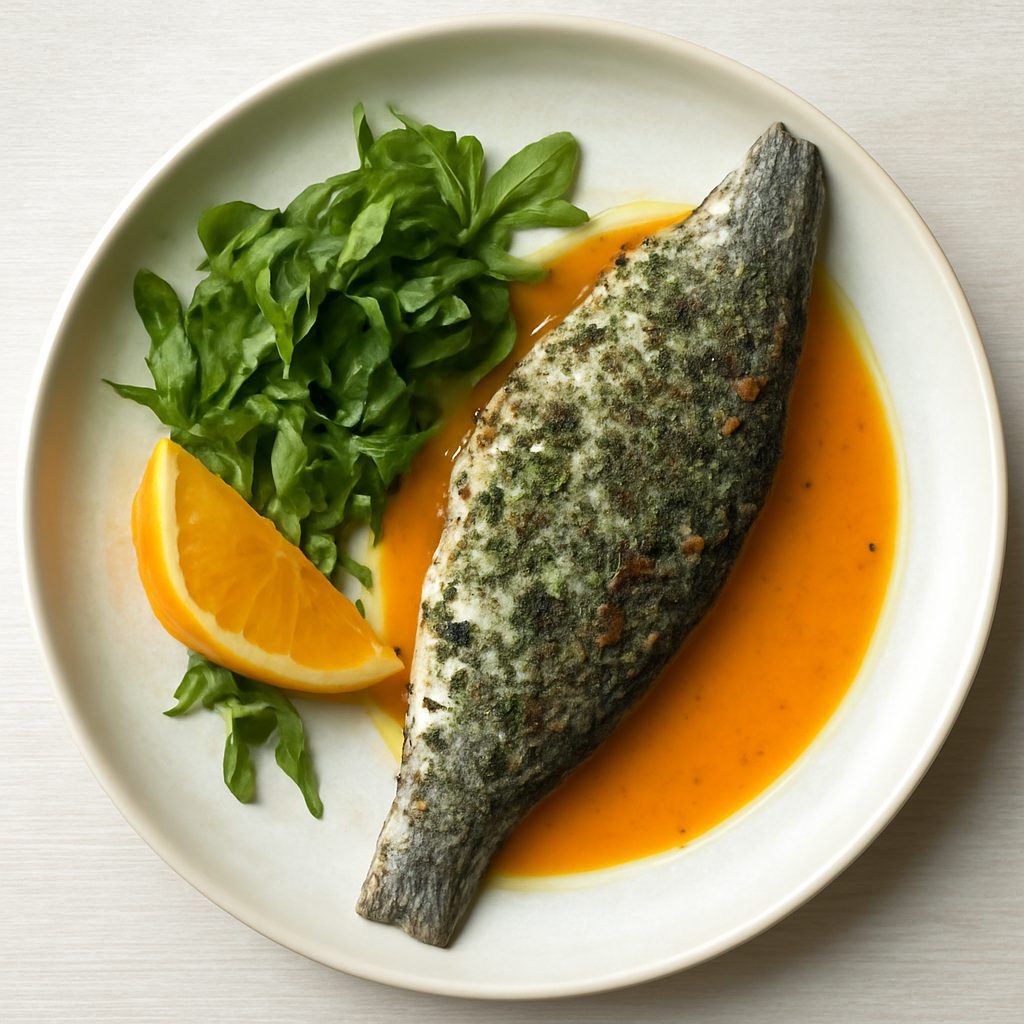 Branzino alle erbe aromatiche con salsa all'arancia low-carb proteico