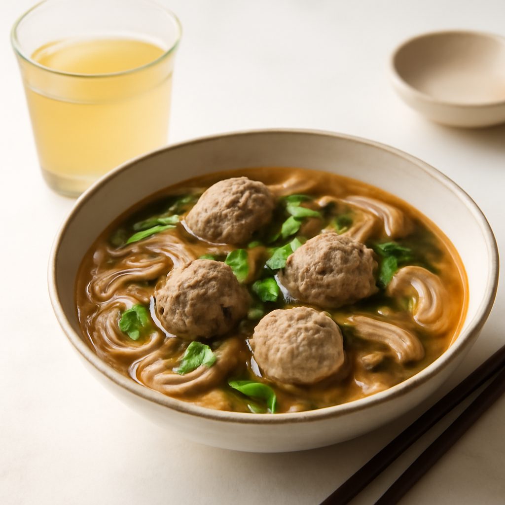 Brodo asiatico con polpettine di vitello, noodle e funghi