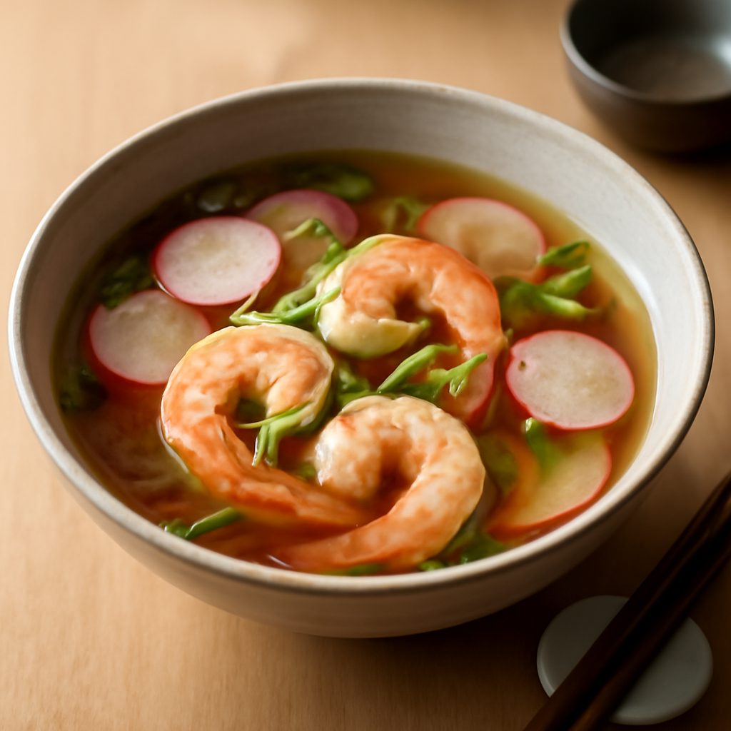 Brodo asiatico con ravanelli, gamberi e zenzero