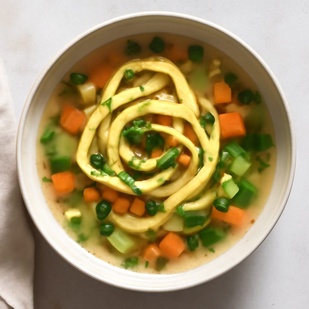 Brodo di verdure con noodles di omelette proteico low-carb