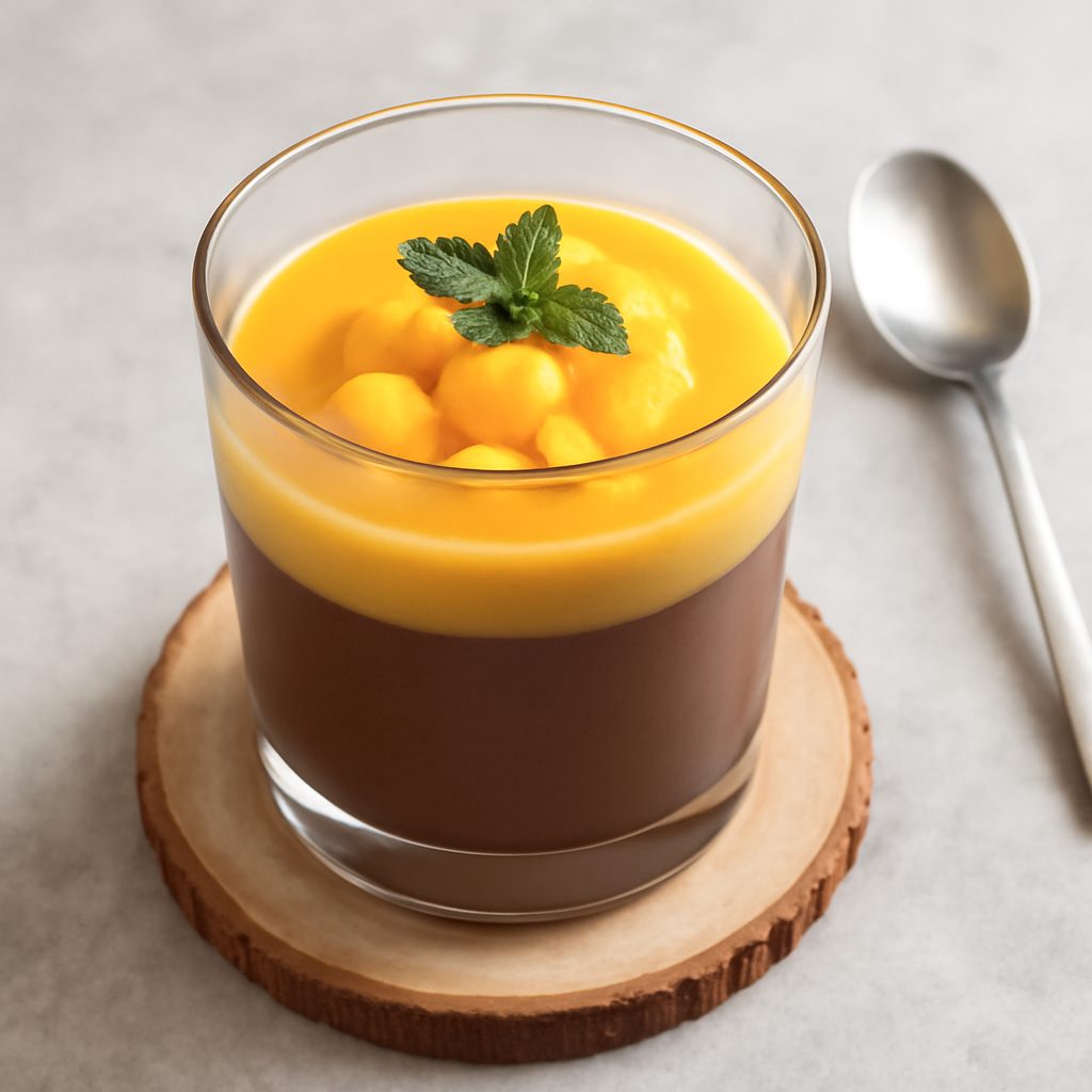Budino al mango e cioccolato proteico low-carb con sciroppo allo zenzero