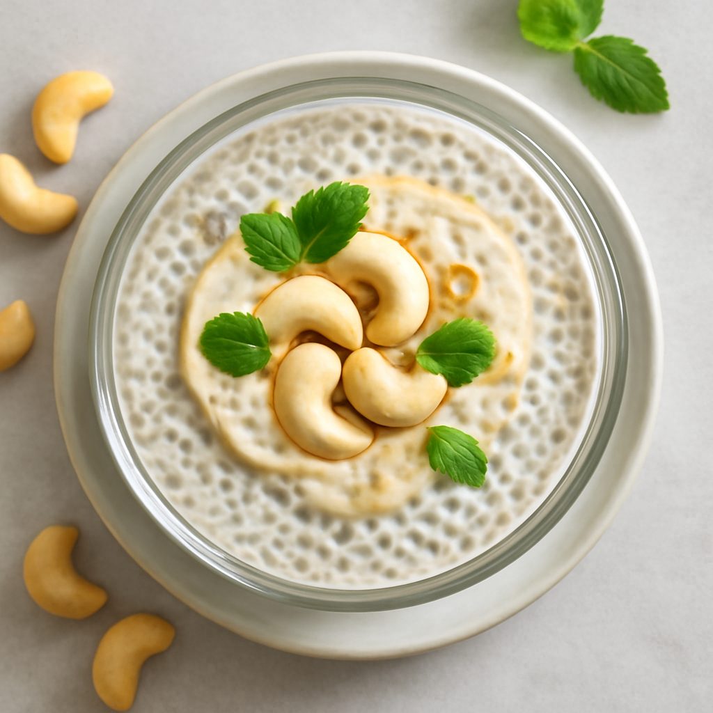 Budino di chia e anacardi proteico low-carb con coulis di mirtilli