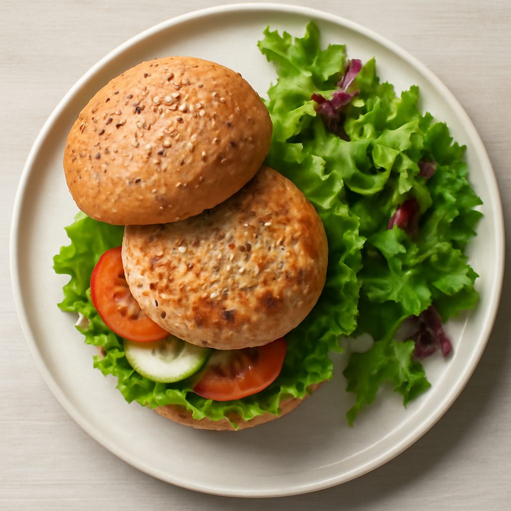 Burger di pesce proteico low-carb con salsa aromatica al cetriolo