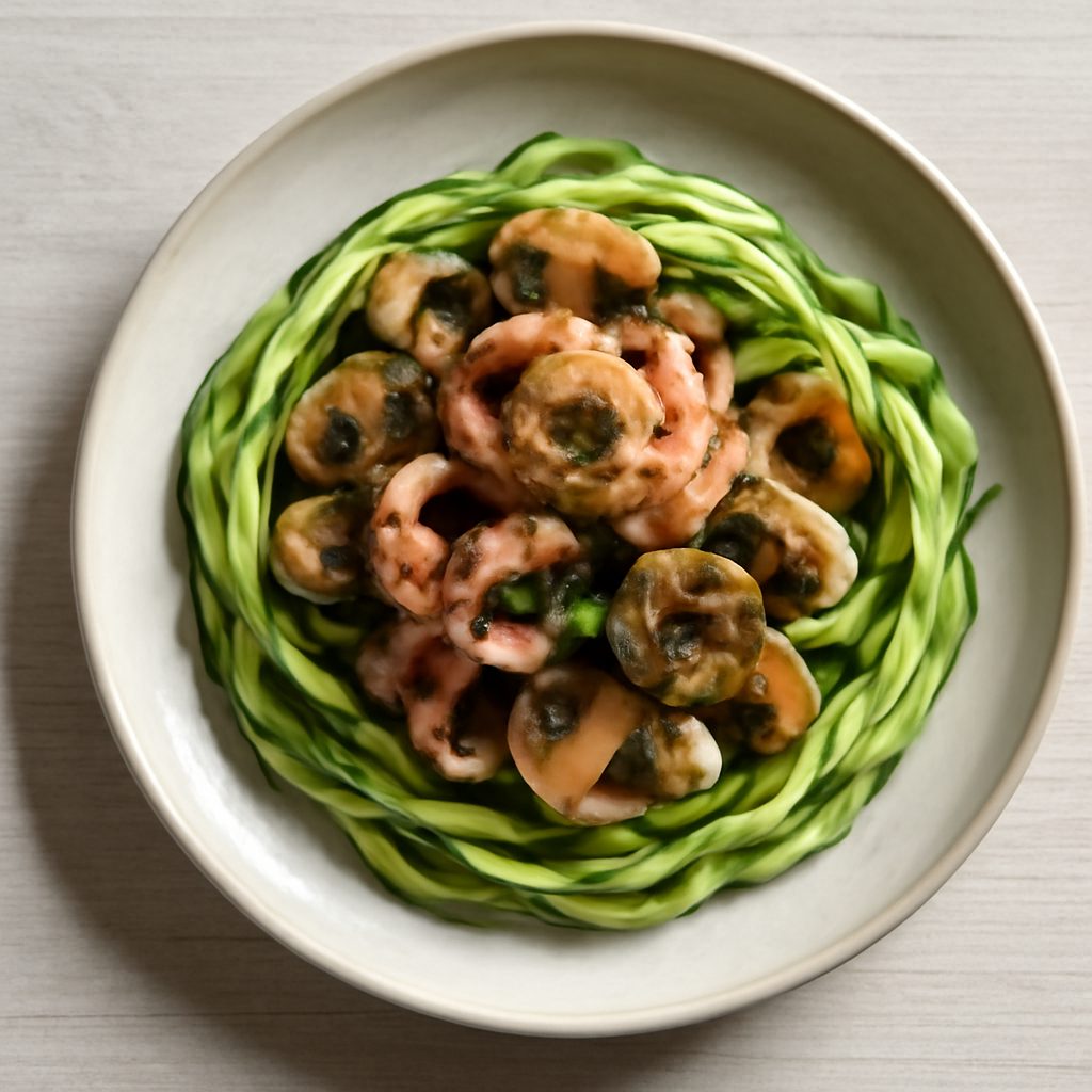 Calamaretti e funghi in nido di zucchine