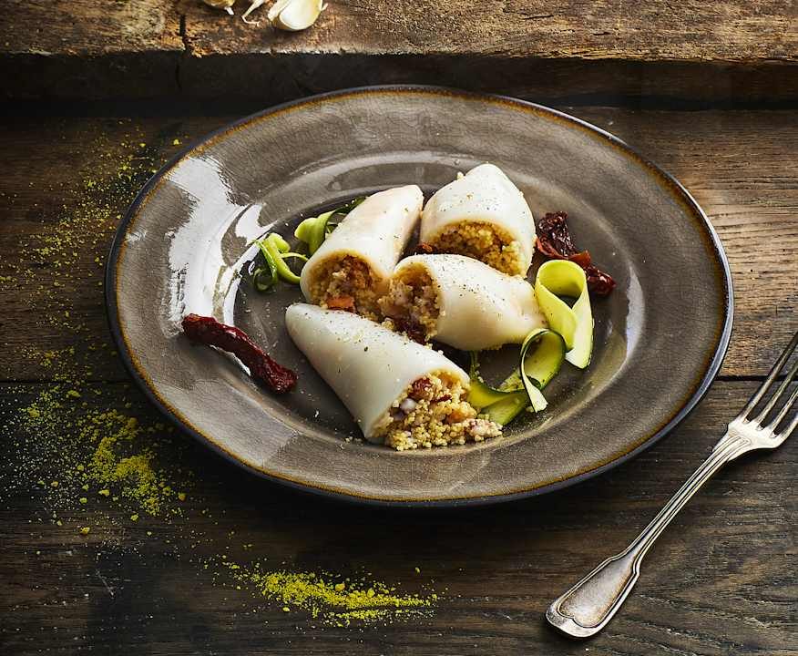 Calamari ripieni di cous cous e gamberoni sottovuoto Low Carb