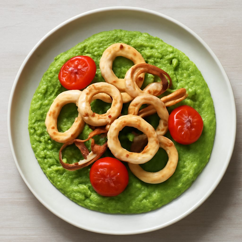 Calamari su crema di piselli e pomodori - Versione Protein