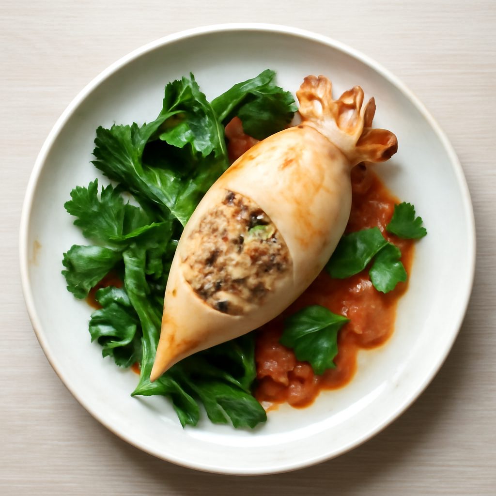 Calamaro ripieno proteico sottovuoto con salsa zafferano low-carb