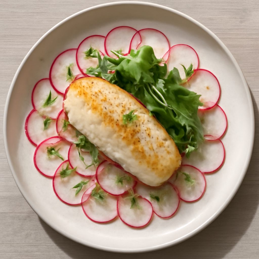 Carpaccio di ravanelli con filetto di merluzzo proteico low-carb