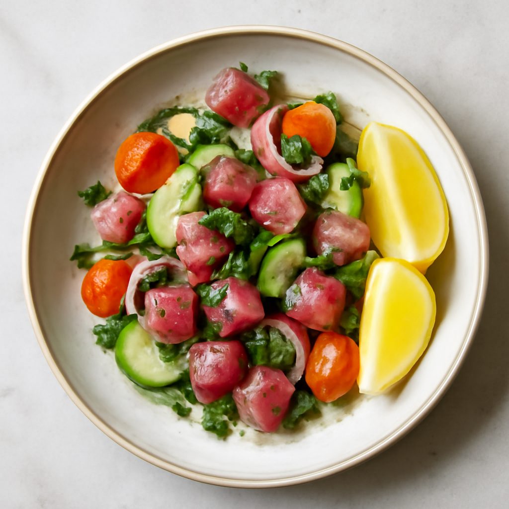 Ceviche di tonno proteico low-carb con vinaigrette al lime