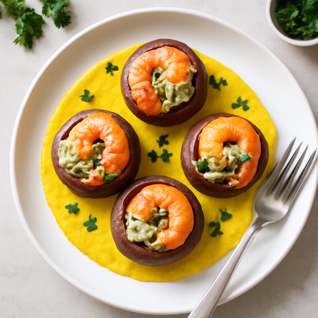 Champignon ripieni con gamberi su crema di curcuma proteico low-carb