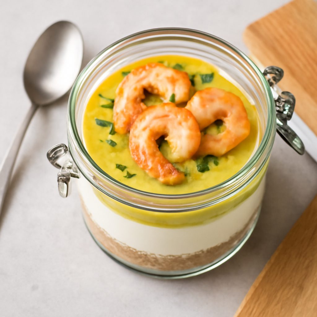 Cheesecake in vasetto al caprino e curry con gamberi - Versione Low Carb