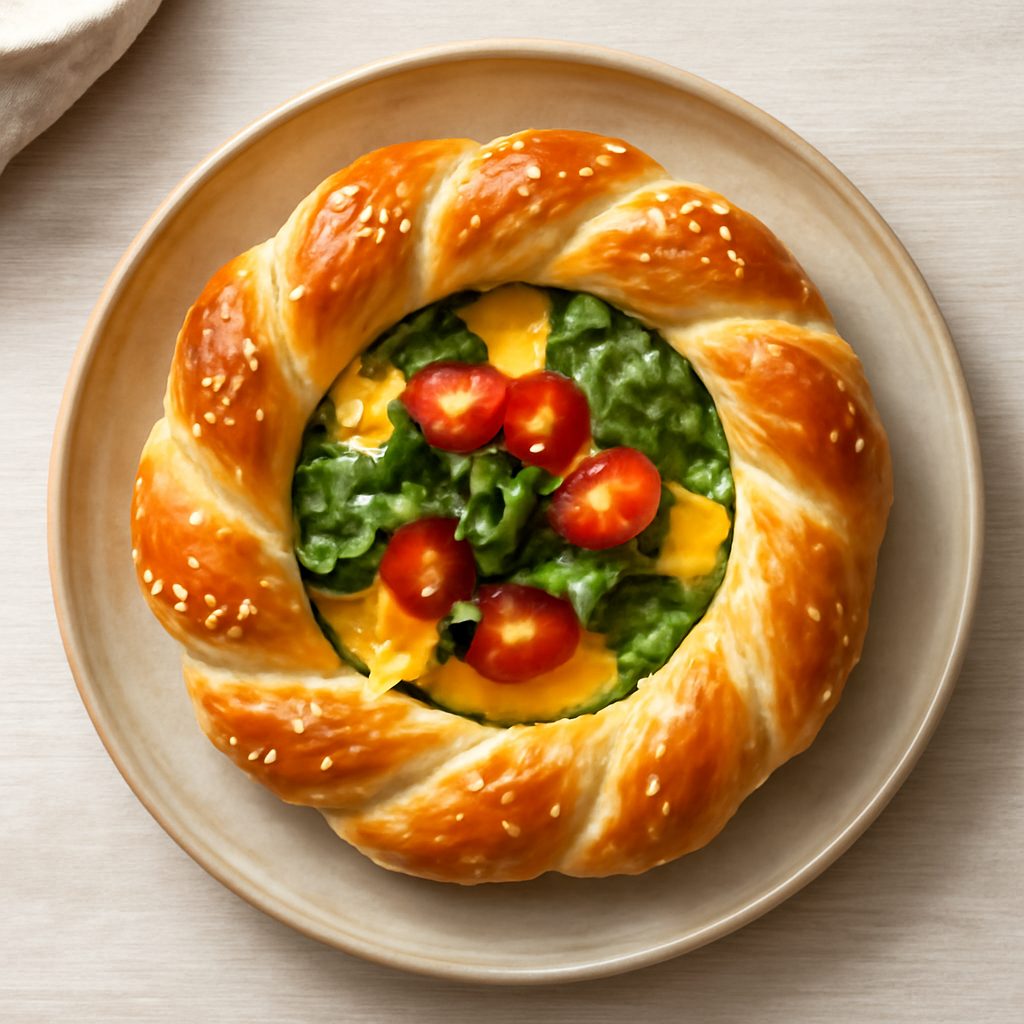 Corona di pan brioche proteica ripiena di verdure e Asiago low-carb