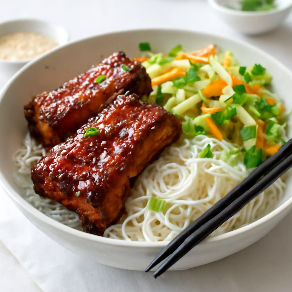 Costine di maiale glassate all'asiatica con vermicelli e insalata croccante