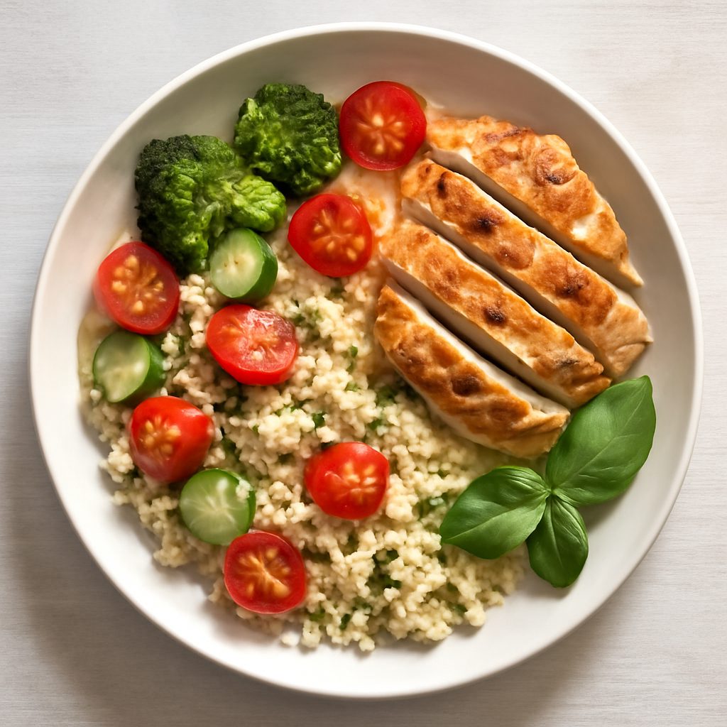 Cous cous proteico di verdure e gamberi low-carb