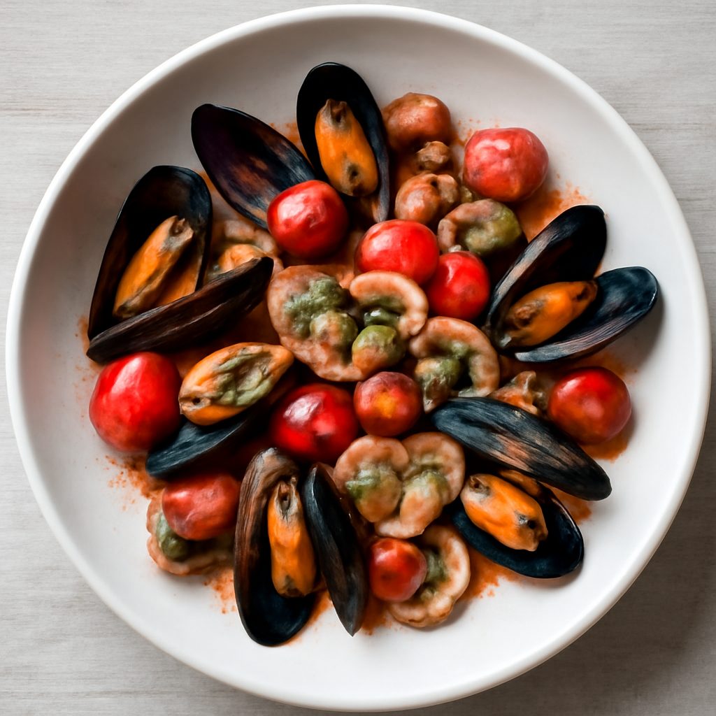 Cozze piccanti con funghi e pomodorini
