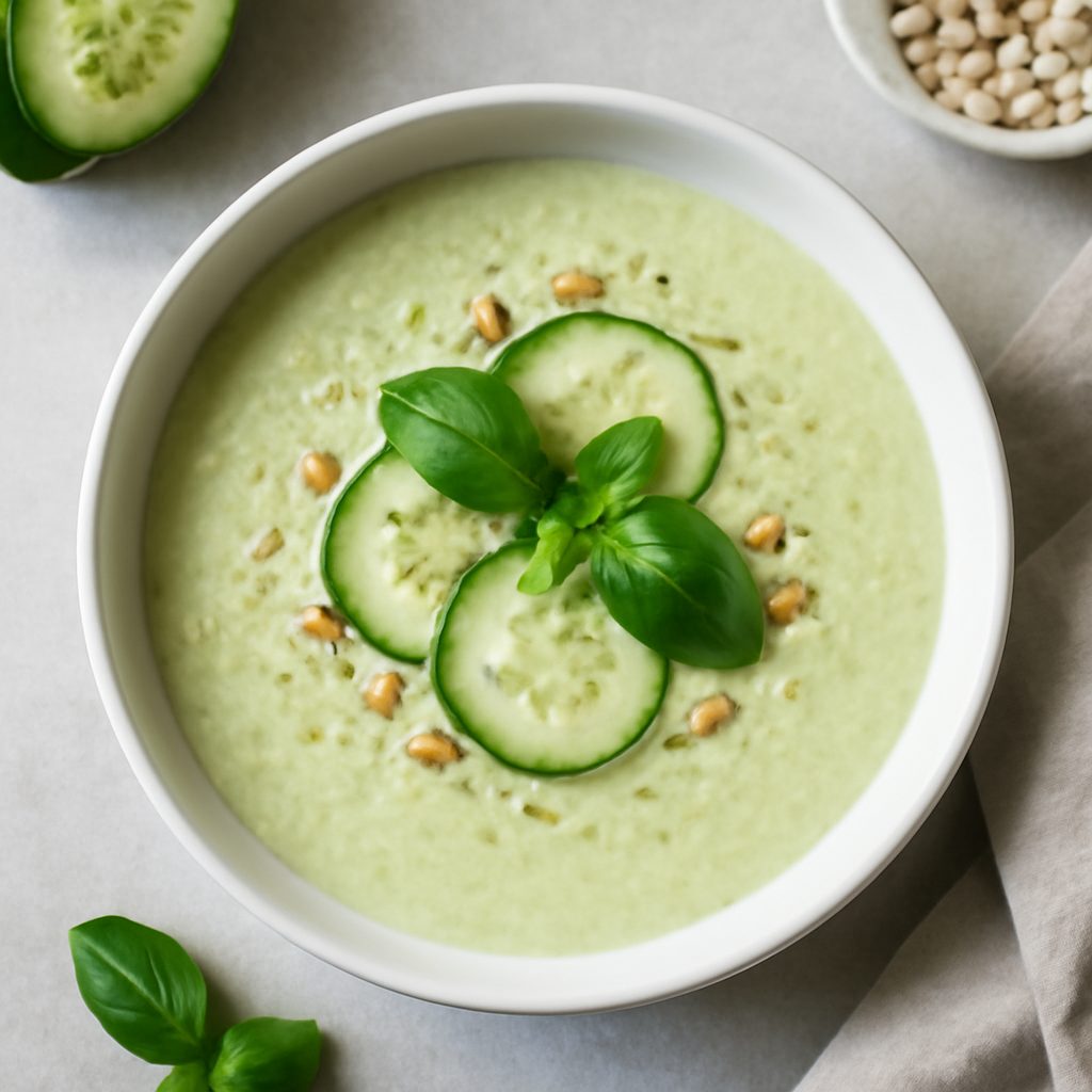 Crema di cetrioli proteica low-carb con spiedini di gamberi