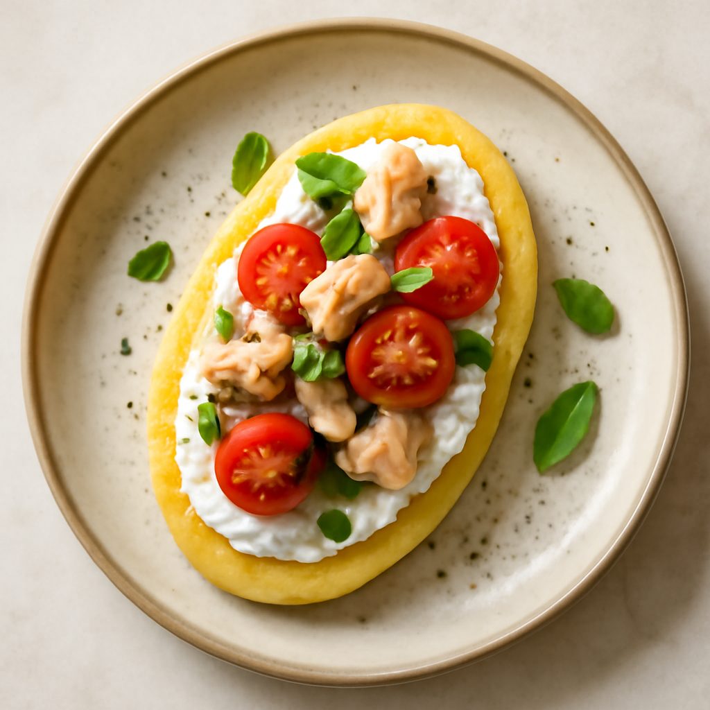 Crostini di polenta bianca proteica con baccalà mantecato low-carb