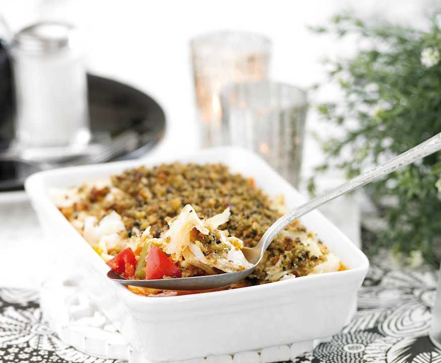 Crumble di merluzzo con pomodori e peperoni Low Fat