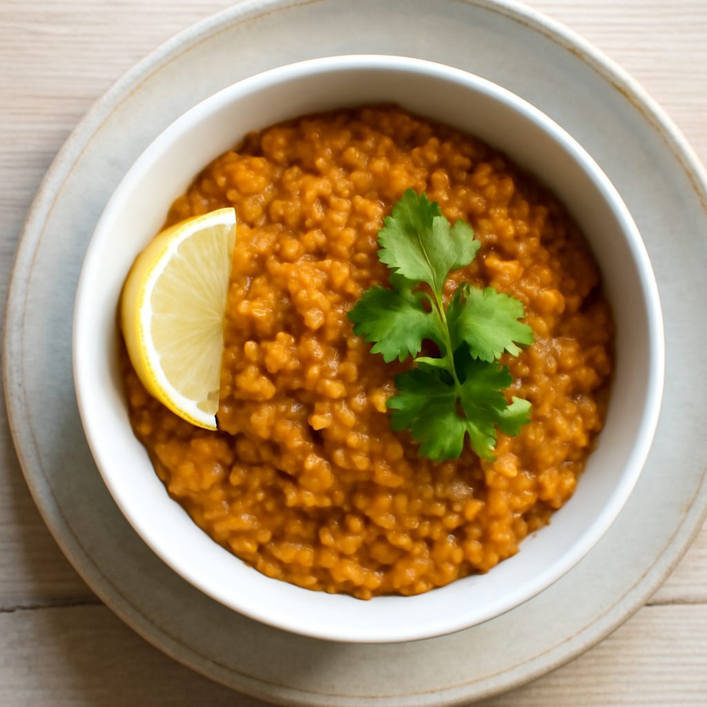 Dhal di lenticchie rosse proteico low-carb con broccoli e cavolfiore