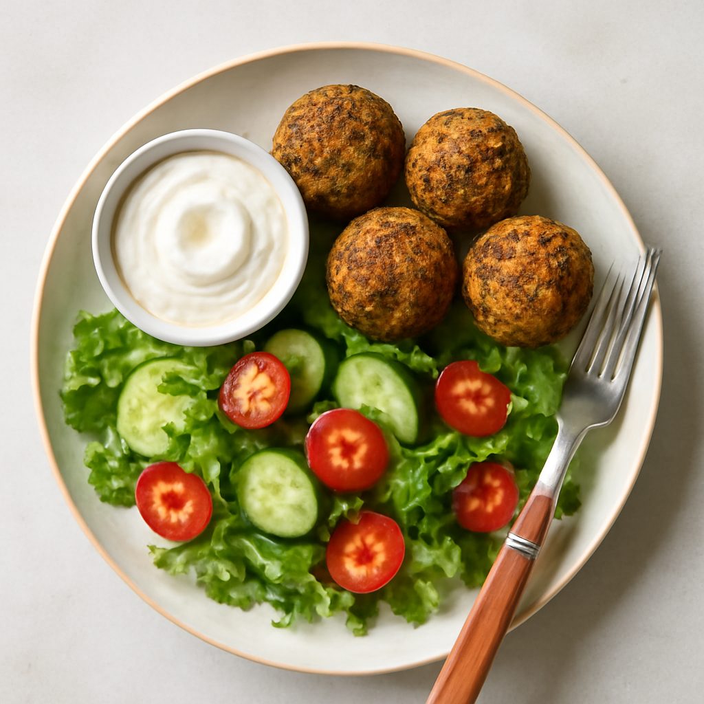Falafel proteico farcito d'uovo con salsa yogurt fit