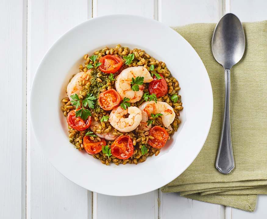 Farro pomodorini e gamberi con pesto di prezzemolo (Modalità Cuoci riso) Protein
