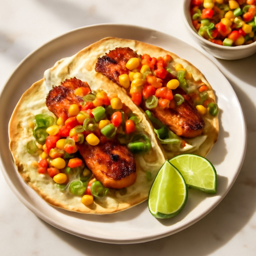 Tacos di Pesce Piccante con Salsa di Mais Croccante