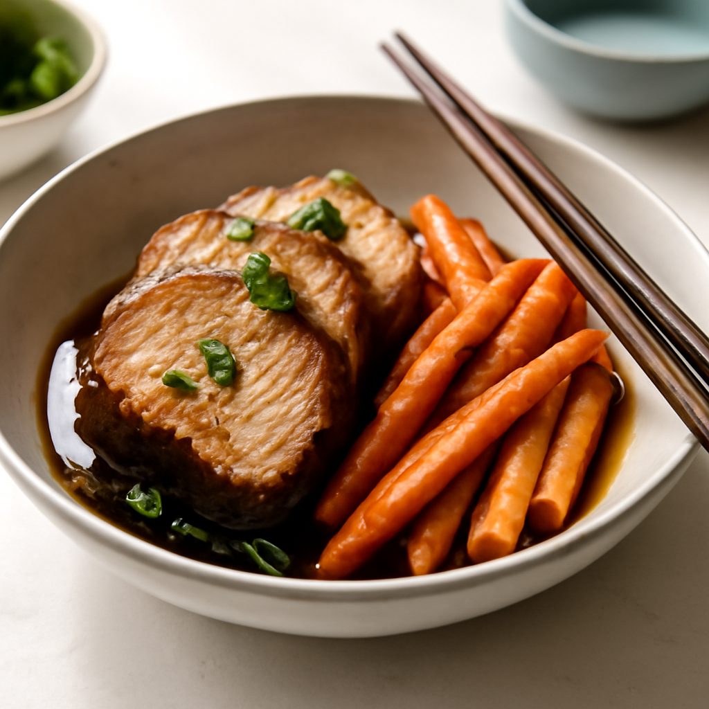 Filetto di maiale all'asiatica con salsa di soia e zenzero, carote caramellate light