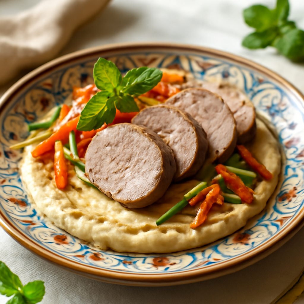 Filetto di maiale freddo con hummus e verdure croccanti all'orientale