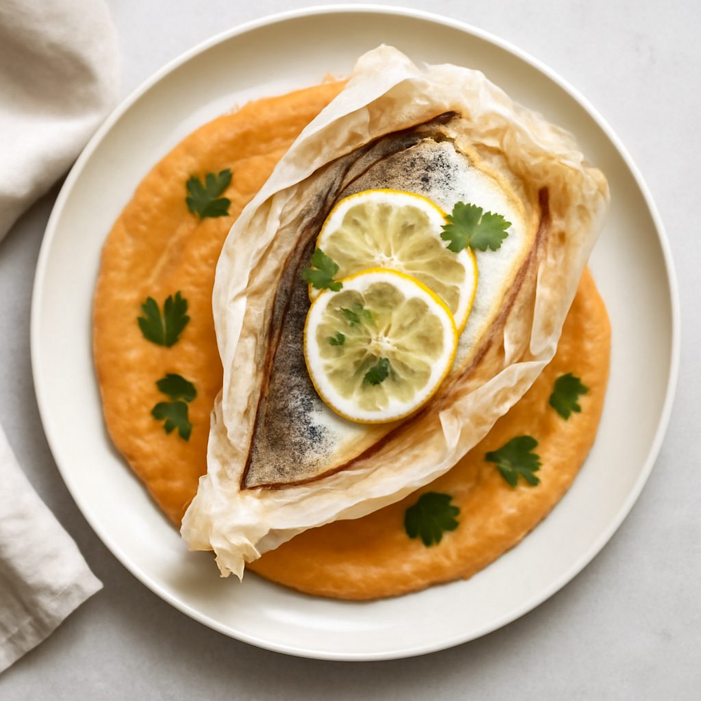 Filetto di orata al cartoccio con crema di lenticchie rosse Low Carb
