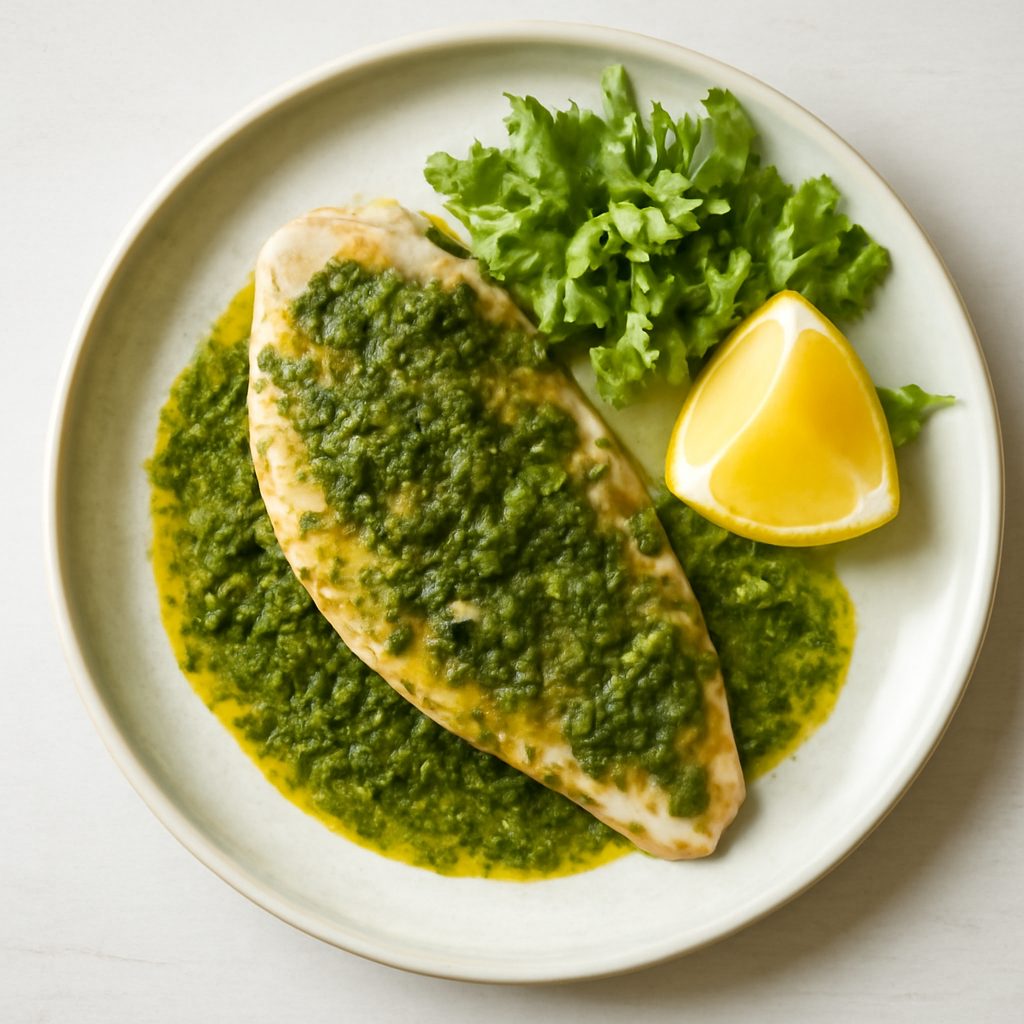 Filetto di pesce marinato con salsa chermoula proteica e insalata di zucchine low-carb
