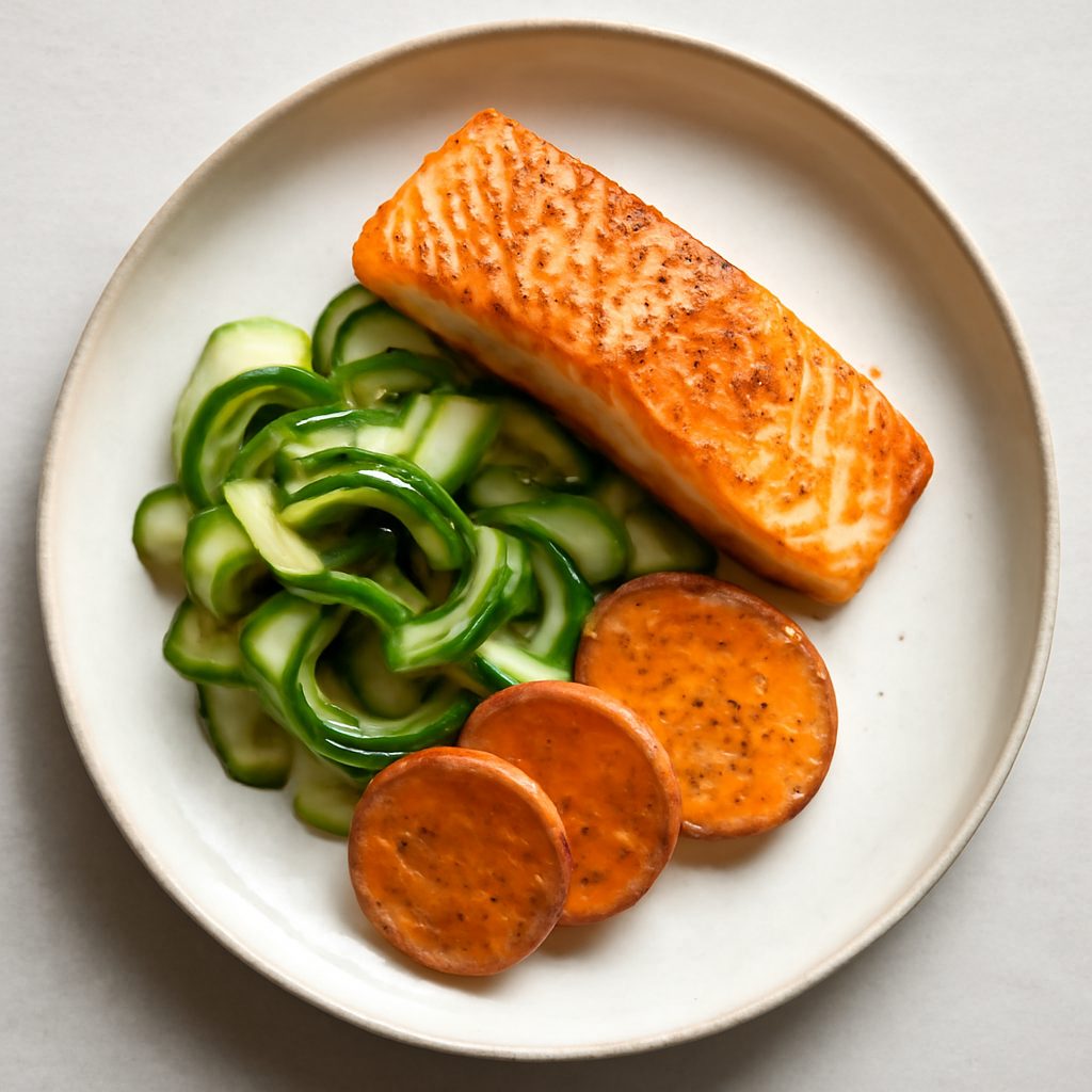 Filetto di salmone con zucchine e patata dolce - Versione Low Fat