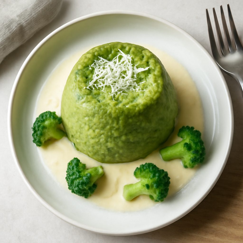 Flan di broccoli proteico low-carb con crema al Parmigiano Reggiano