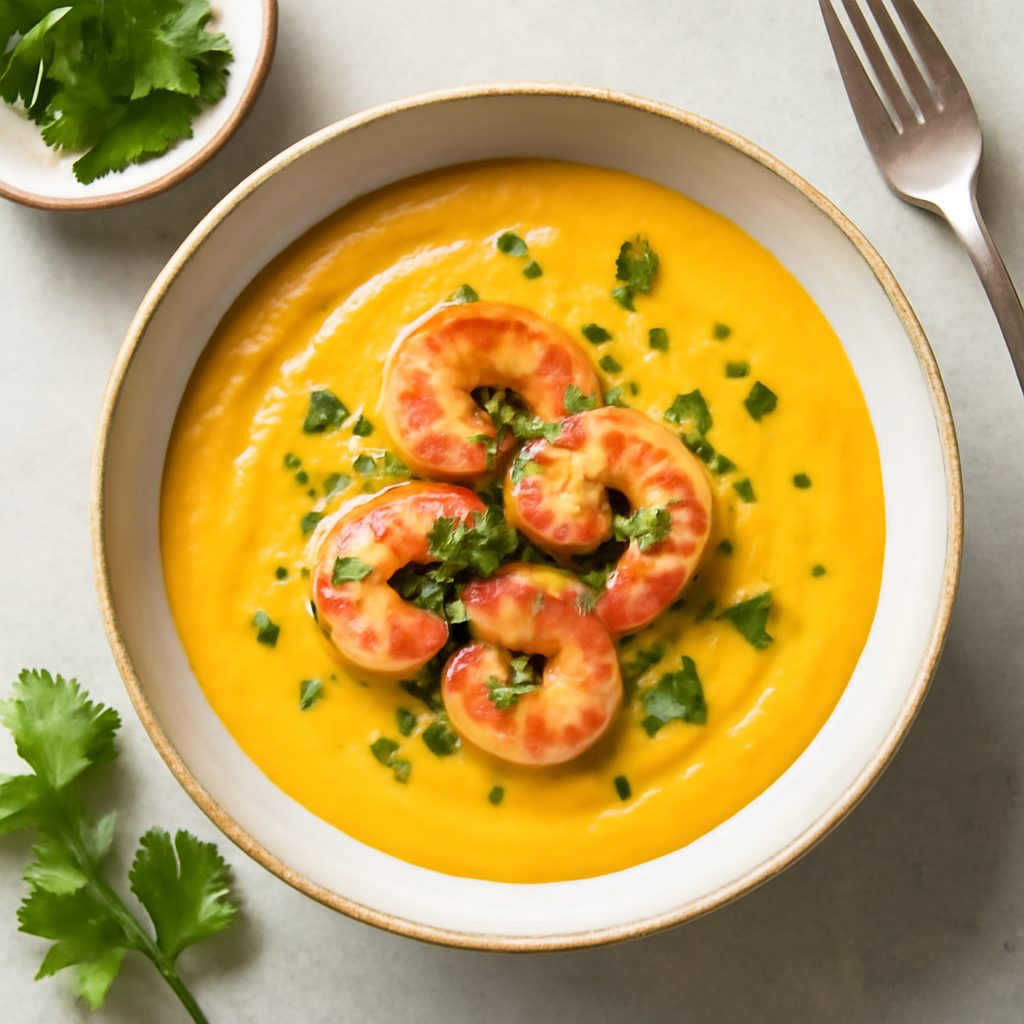 Fonduta di zucca con gamberi