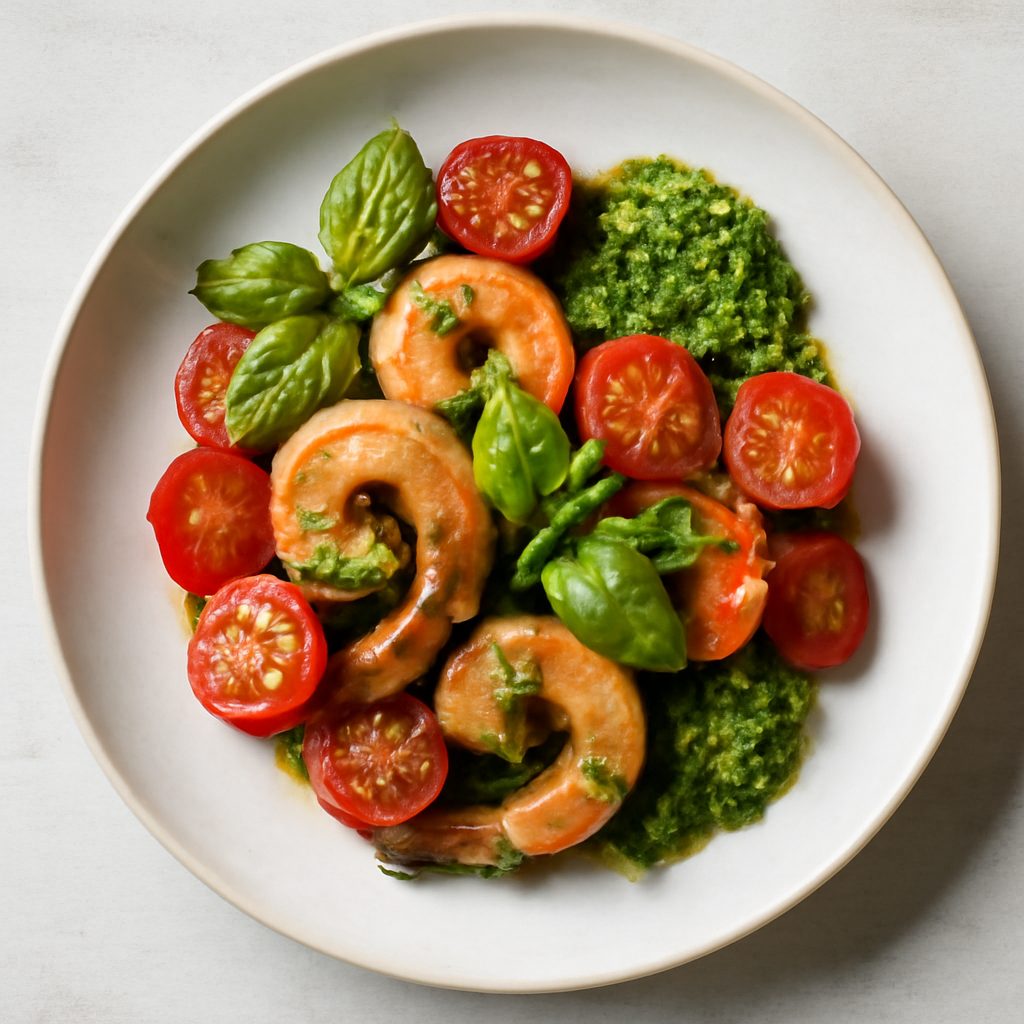Gamberi e pomodorini con pesto proteico low-carb