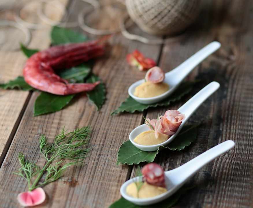 Gambero rosso bardato con pancetta e hummus di ceci (di Sebastiano Rovida) Low Fat