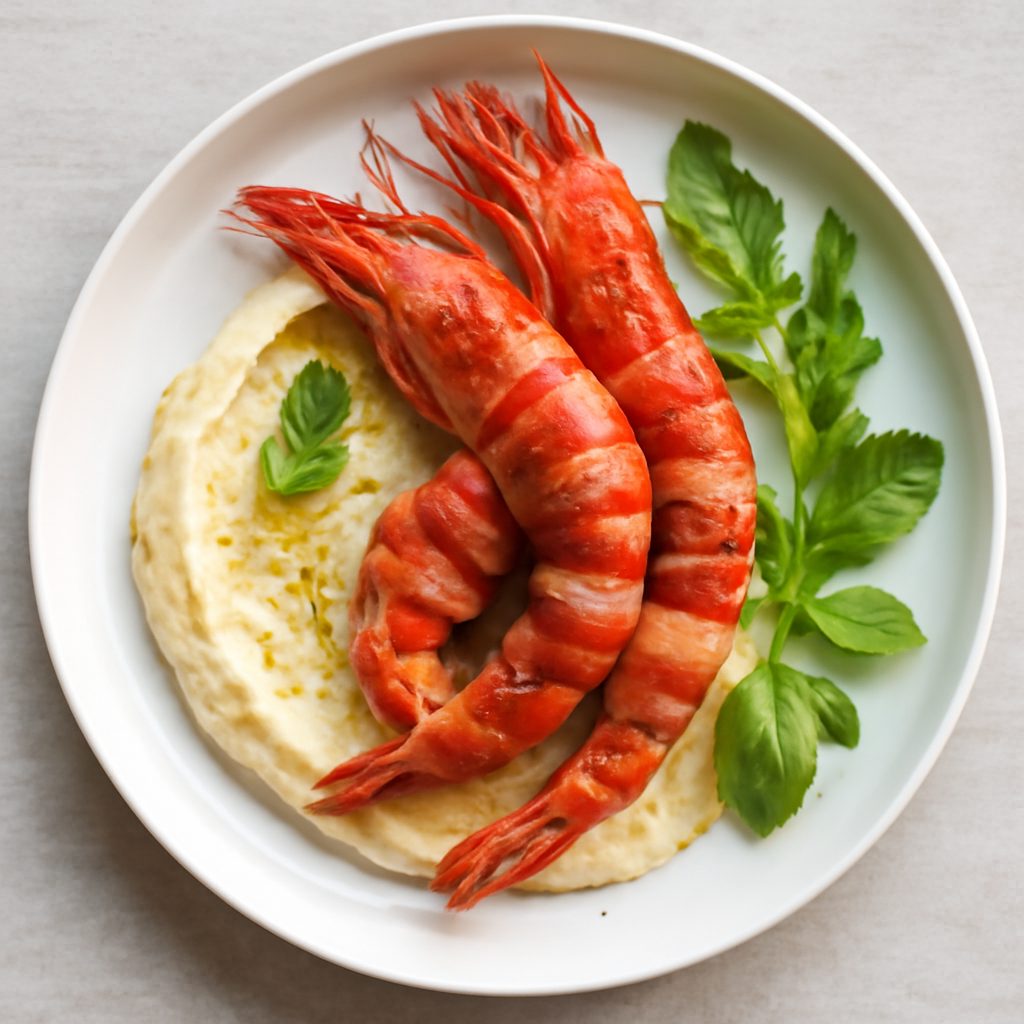 Gambero rosso bardato con pancetta e hummus