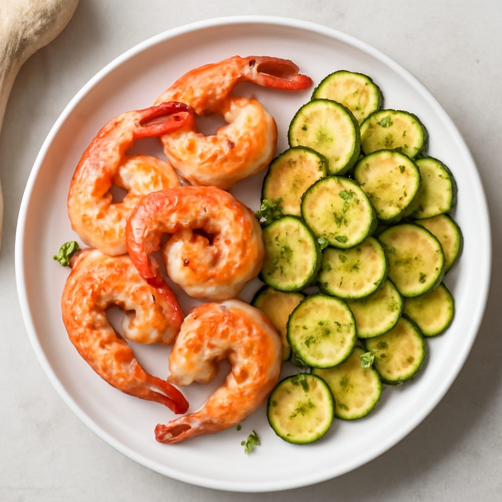 Gamberoni con chips di zucchine e timo Low Carb