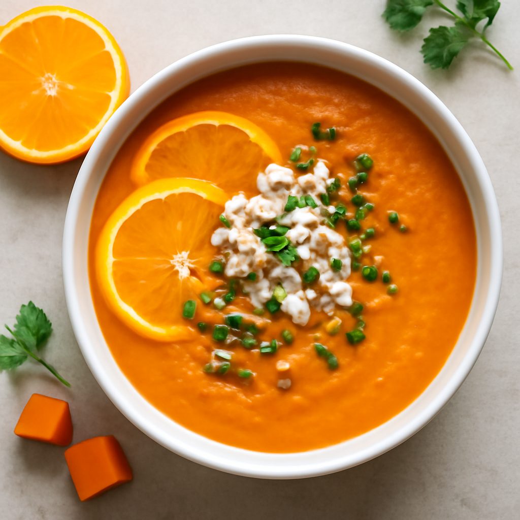 Gazpacho arancia e carote proteico low-carb con chantilly all'aneto fit