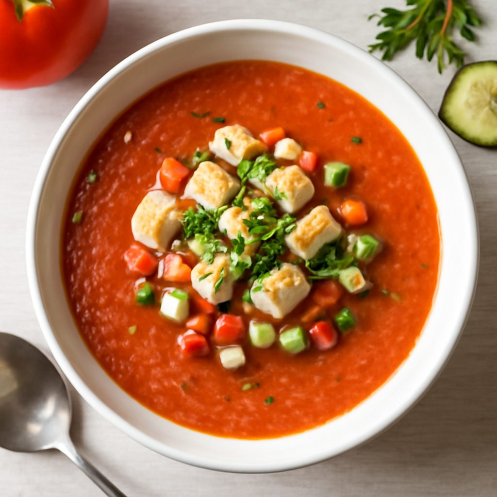 Gazpacho pomodori e ciliegie con crostini alle mandorle Protein