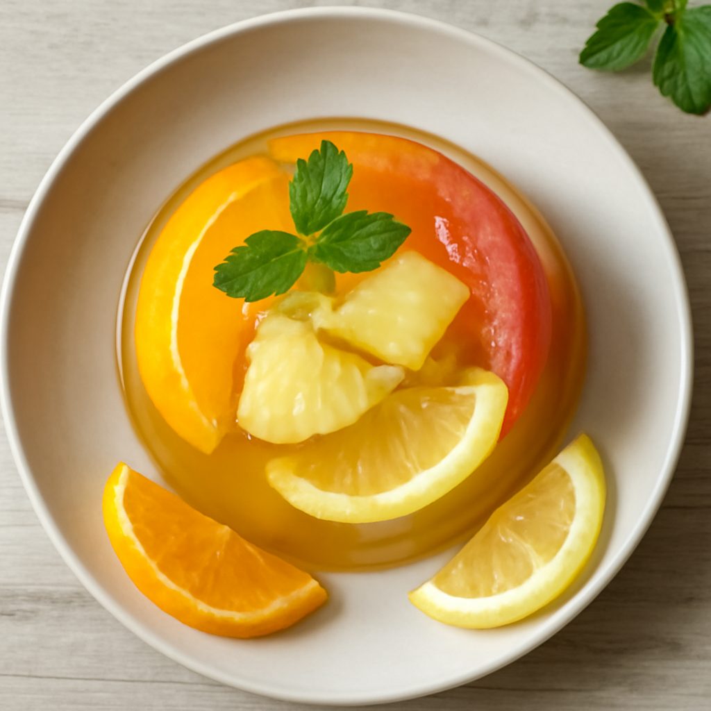Gelatina di agrumi e ananas proteica low-carb con salsa al pepe e rosa
