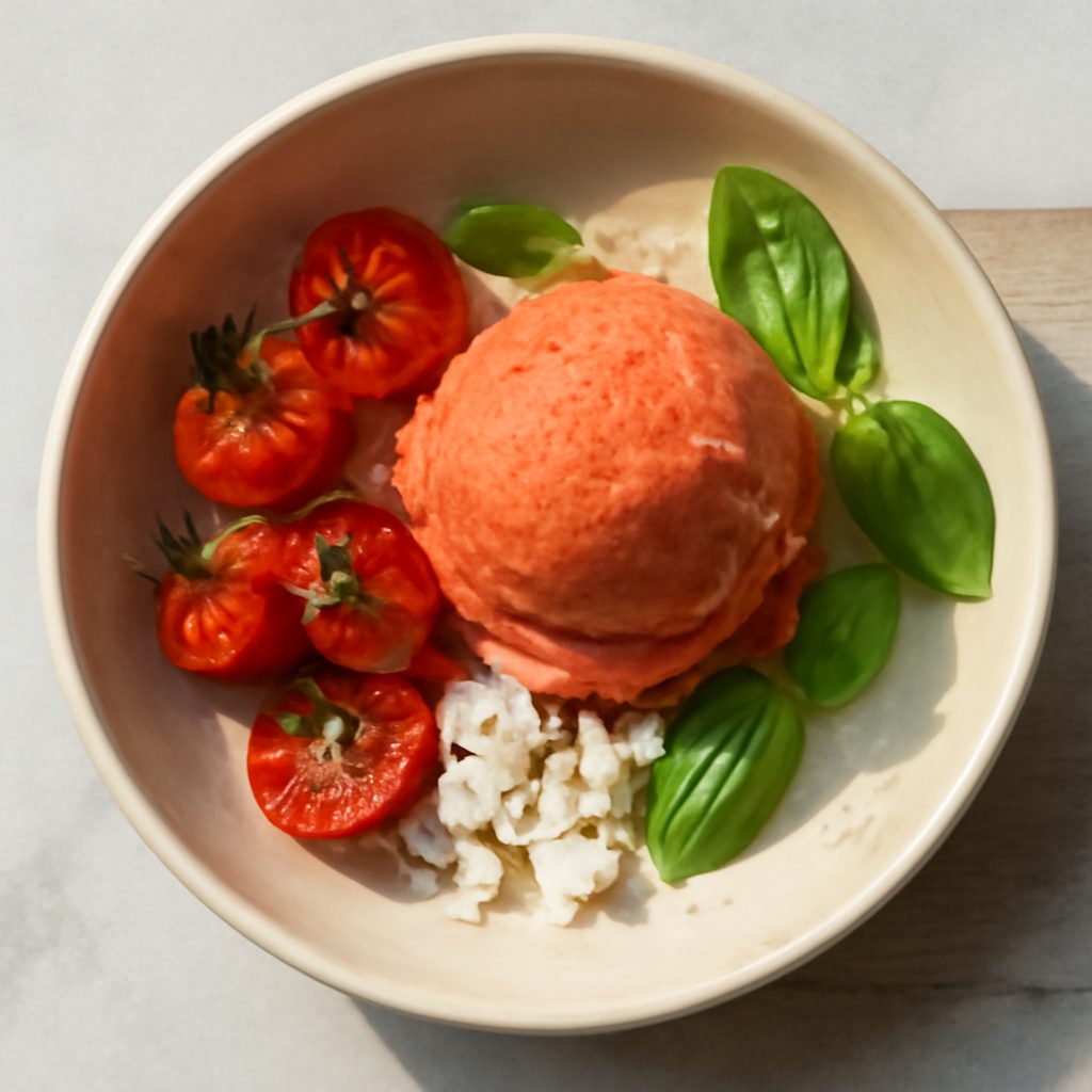 Gelato ai pomodorini proteico con pesto di basilico low-carb
