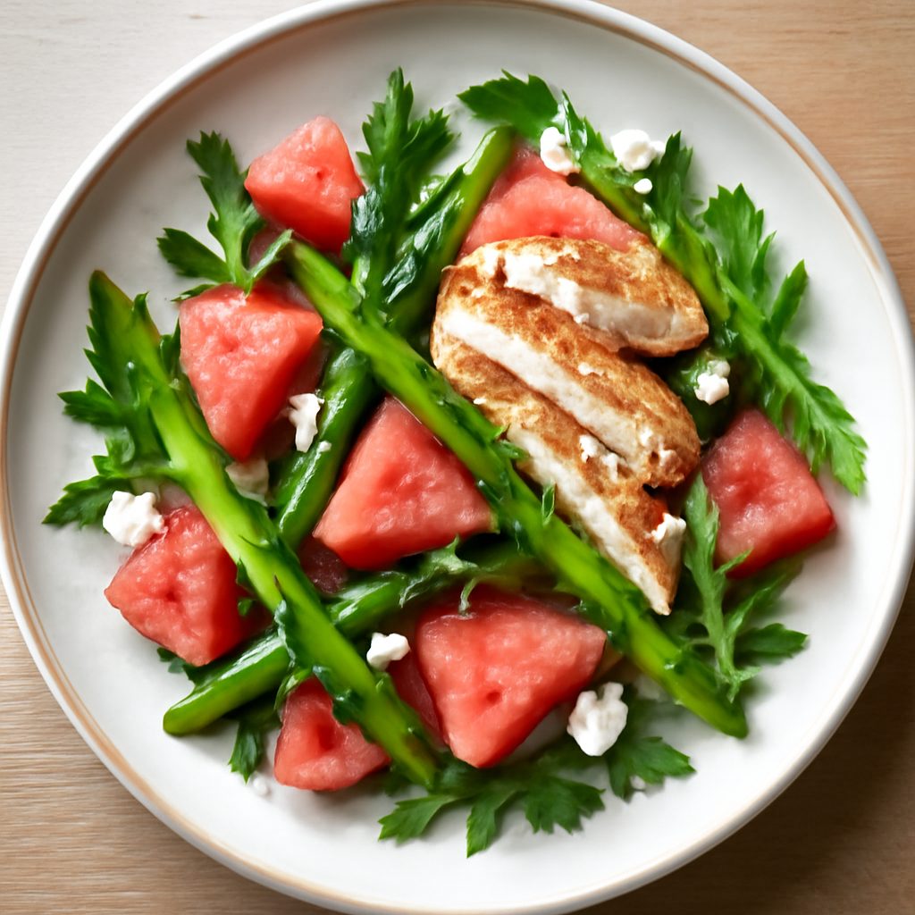 Insalata di anguria e asparagi proteica low-carb con vinaigrette fit